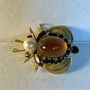 Vintage Amber, Black Crystal & Faux Pearl Filigree Fly Brooch